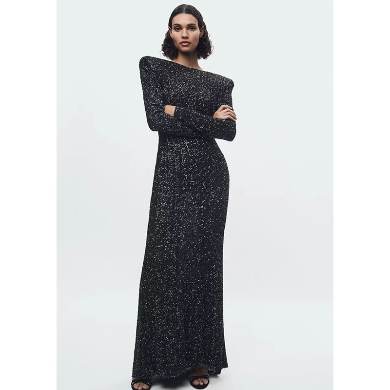 Fashion Black Sequined Long Skirt With Shoulder Pads,Long Dress