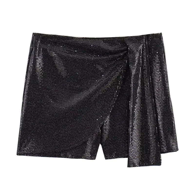 Fashion Silver Gray Glossy Sequin Knotted Double-breasted Culottes,Shorts