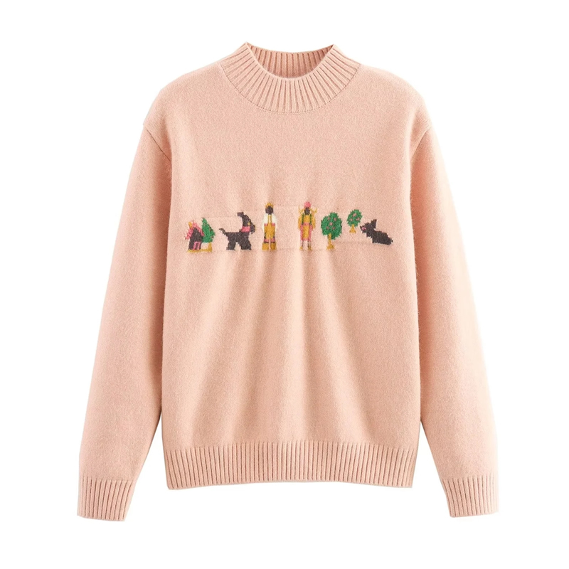 Fashion Beige Cartoon Jacquard Knitted Sweater,Sweater