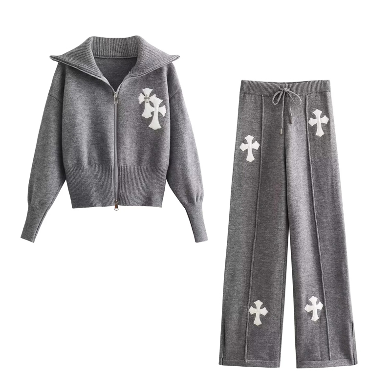 Fashion Black Cashmere Cross-print Knitted Zipper Sweater Lace-up Trouser Suit,Sweater