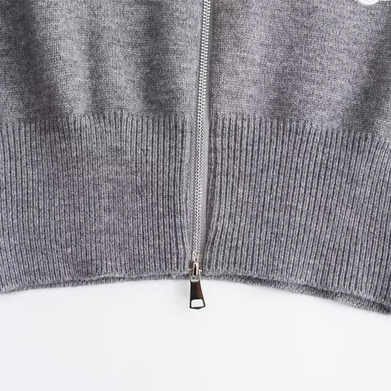 Fashion Grey Cashmere Cross-print Knitted Zipper Sweater Lace-up Trouser Suit,Sweater