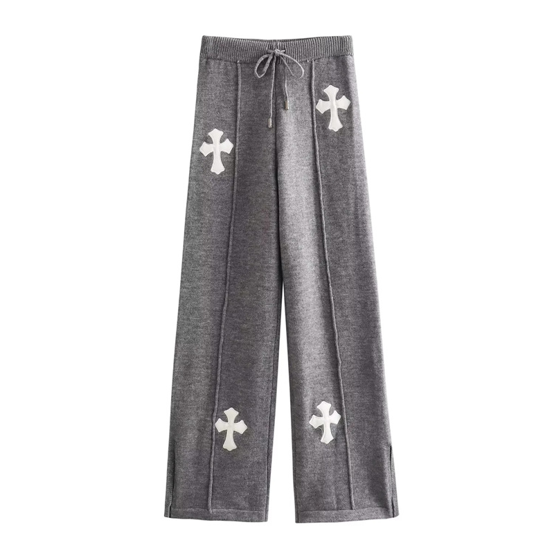 Fashion Grey Cashmere Cross-print Knitted Zipper Sweater Lace-up Trouser Suit,Sweater