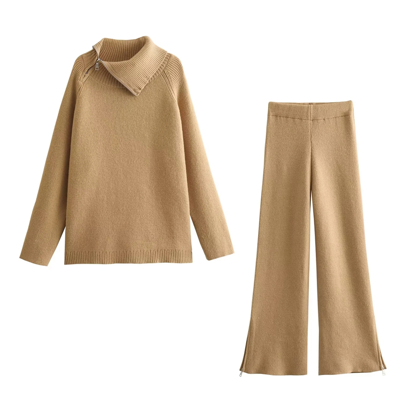 Fashion Khaki Cashmere Knitted Turtleneck Zipper Sweater Wide-leg Trousers Suit,Sweater