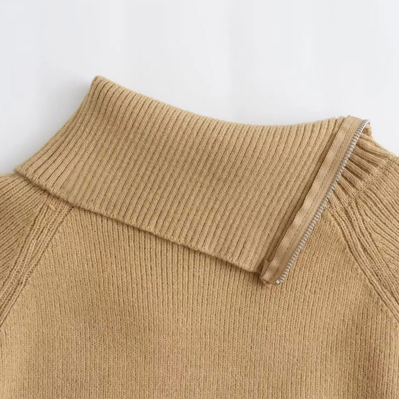 Fashion Khaki Cashmere Knitted Turtleneck Zipper Sweater Wide-leg Trousers Suit,Sweater