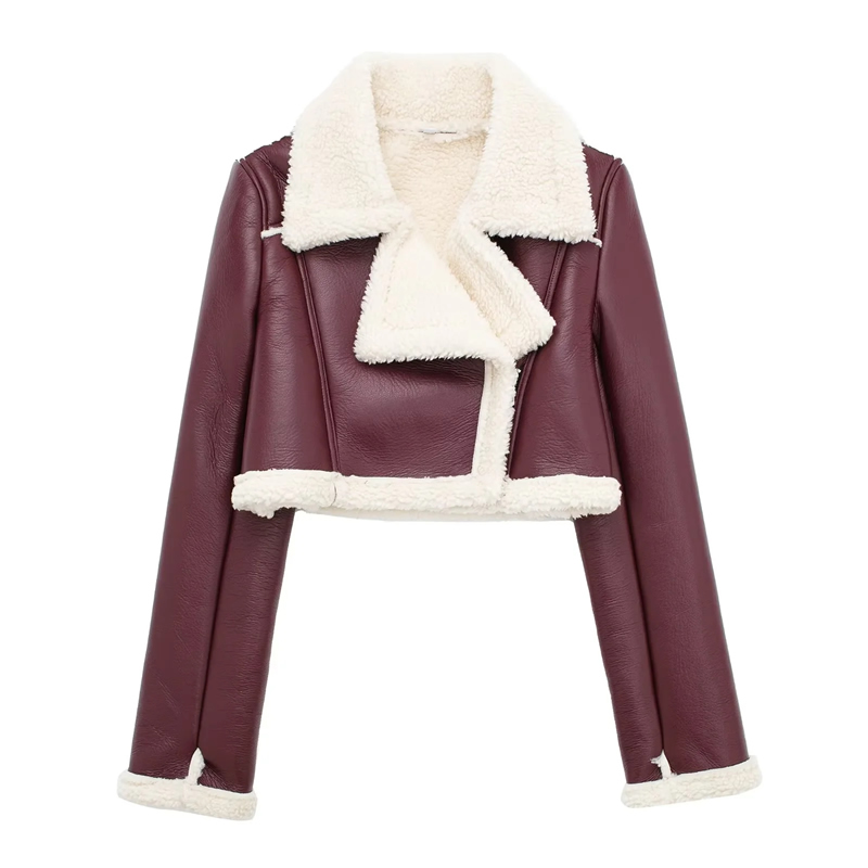 Fashion Beige Dark Red Fur Lapel Coat,Coat-Jacket
