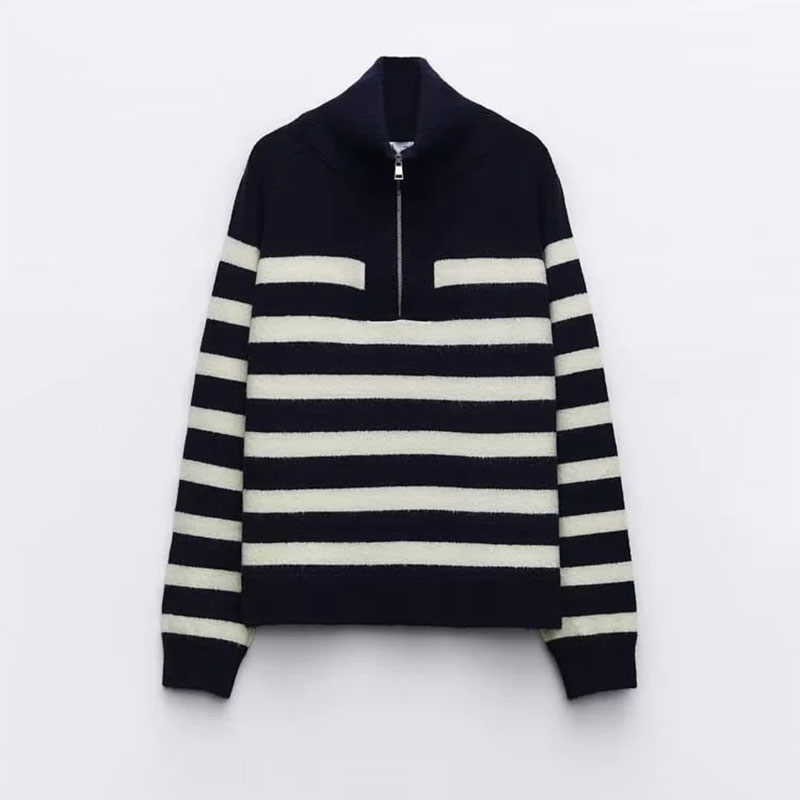 Fashion Stripe Striped Knitted Zippered Stand-collar Sweater,Sweater