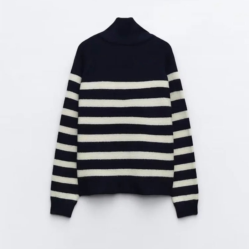 Fashion Stripe Striped Knitted Zippered Stand-collar Sweater,Sweater