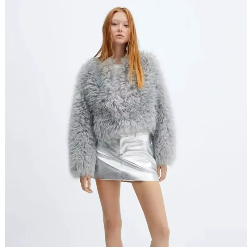 Fashion Grey Fur Crew Neck Coat,Coat-Jacket