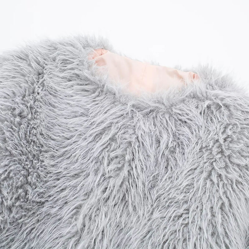 Fashion Grey Fur Crew Neck Coat,Coat-Jacket