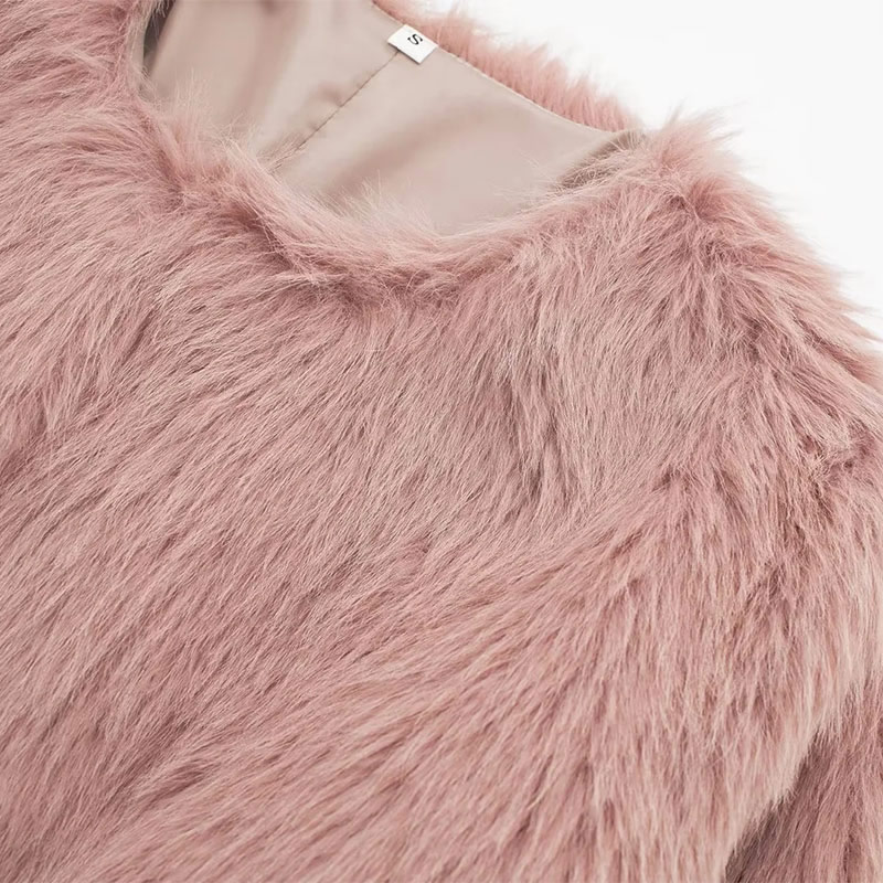 Fashion Pink Fur Crew Neck Coat,Coat-Jacket