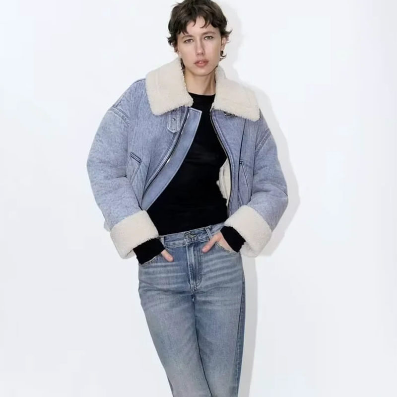 Fashion Denim Color Lapel Lambswool Zipped Jacket,Coat-Jacket