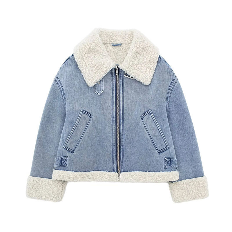 Fashion Denim Color Lapel Lambswool Zipped Jacket,Coat-Jacket