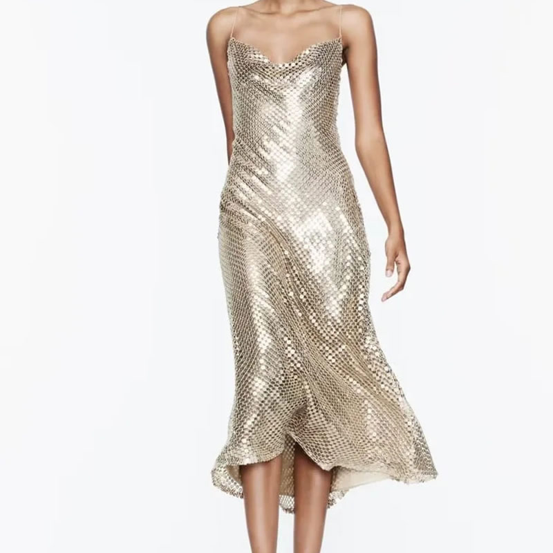 Fashion Gold Color Blended Sequin Halterneck Maxi Dress,Long Dress