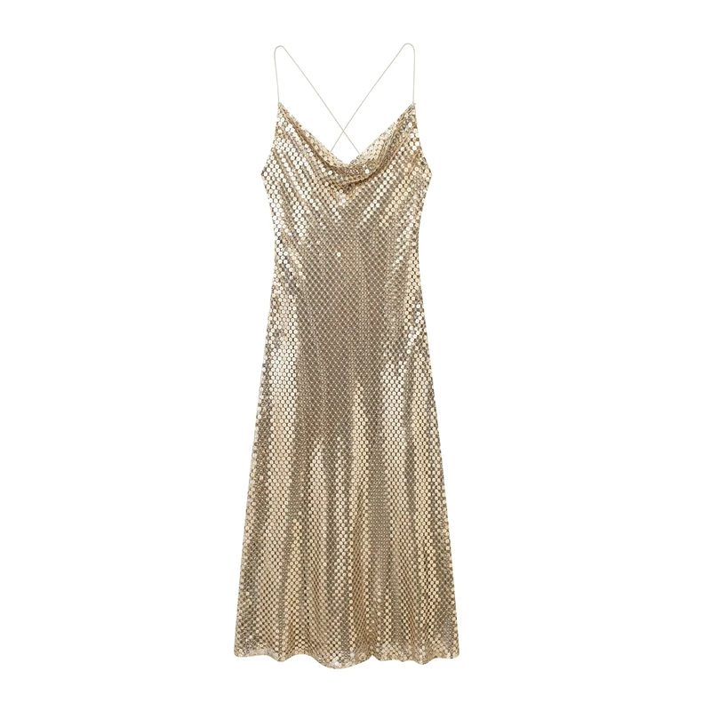 Fashion Gold Color Blended Sequin Halterneck Maxi Dress,Long Dress