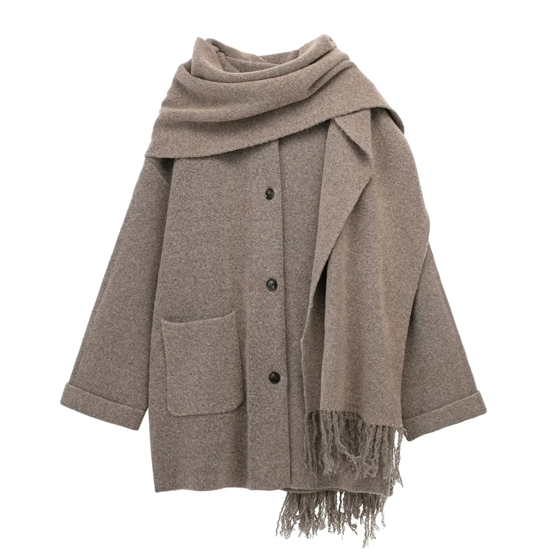 Fashion Brown Knitted Scarf Coat,Coat-Jacket