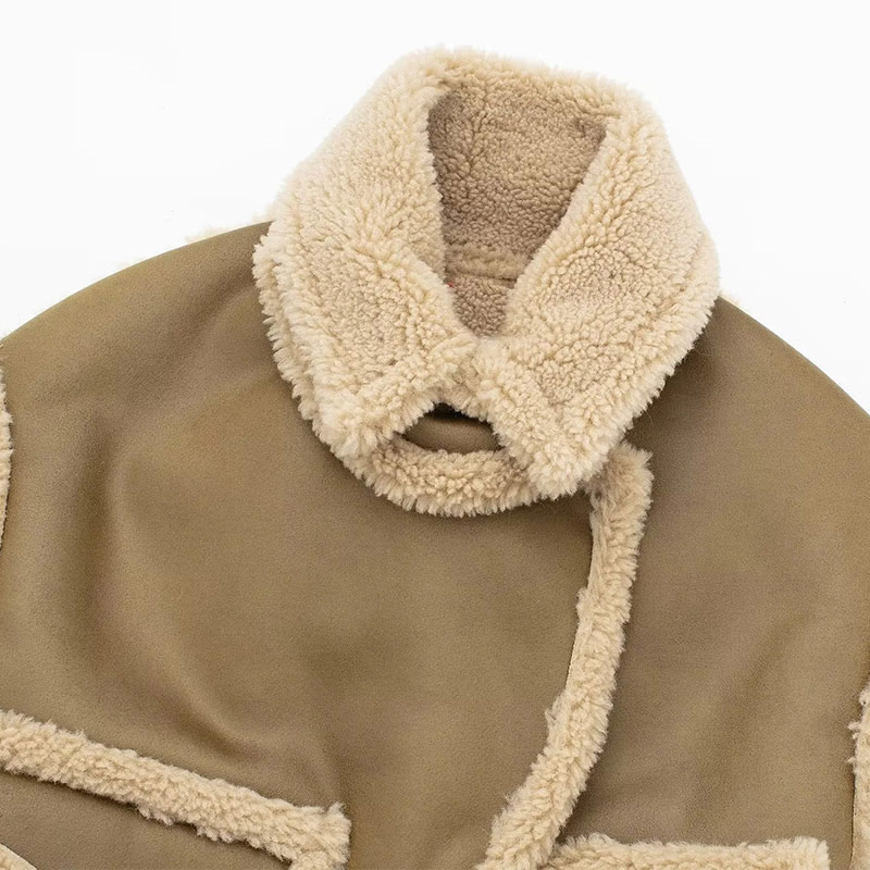 Fashion Khaki Lambswool Paneled Lapel Jacket,Coat-Jacket