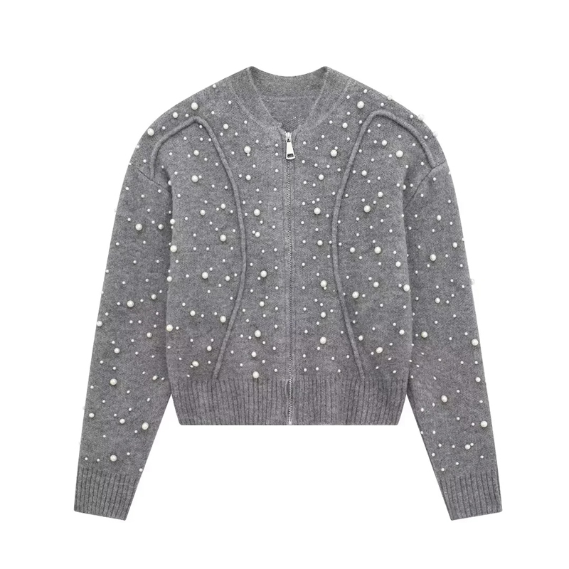 Fashion Grey Pearl-embellished Knitted Zip-up Sweater,Sweater
