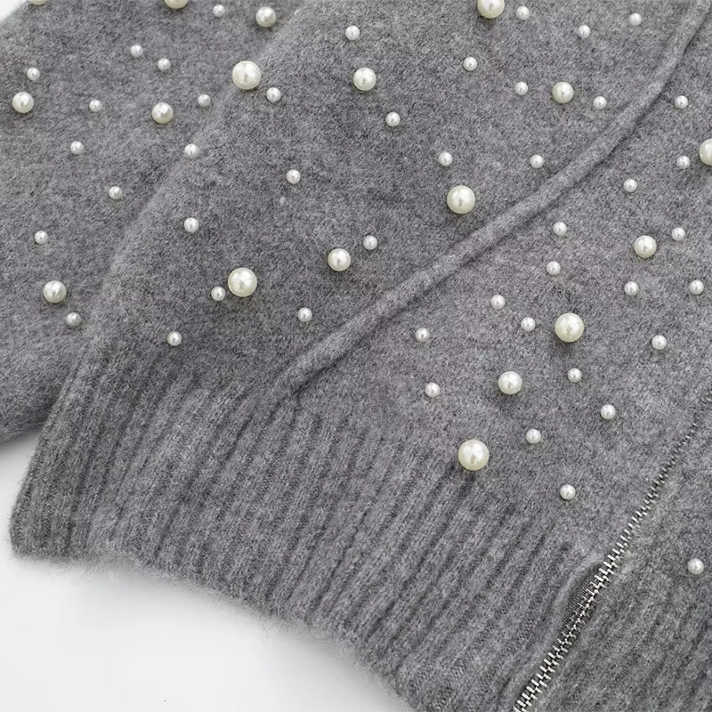 Fashion Grey Pearl-embellished Knitted Zip-up Sweater,Sweater
