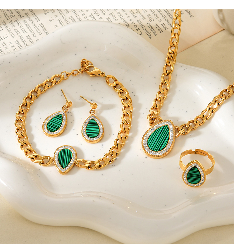 Fashion Green Titanium Steel Inlaid With Zirconium Droplets Thick Chain Necklace Earrings Bracelet Ring 5-piece Set,Jewelry Set
