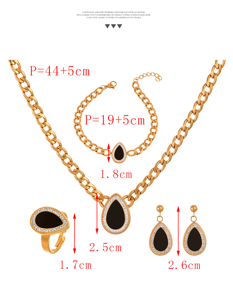 Fashion Black Titanium Steel Inlaid With Zirconium Droplets Thick Chain Necklace Earrings Bracelet Ring 5-piece Set,Jewelry Set
