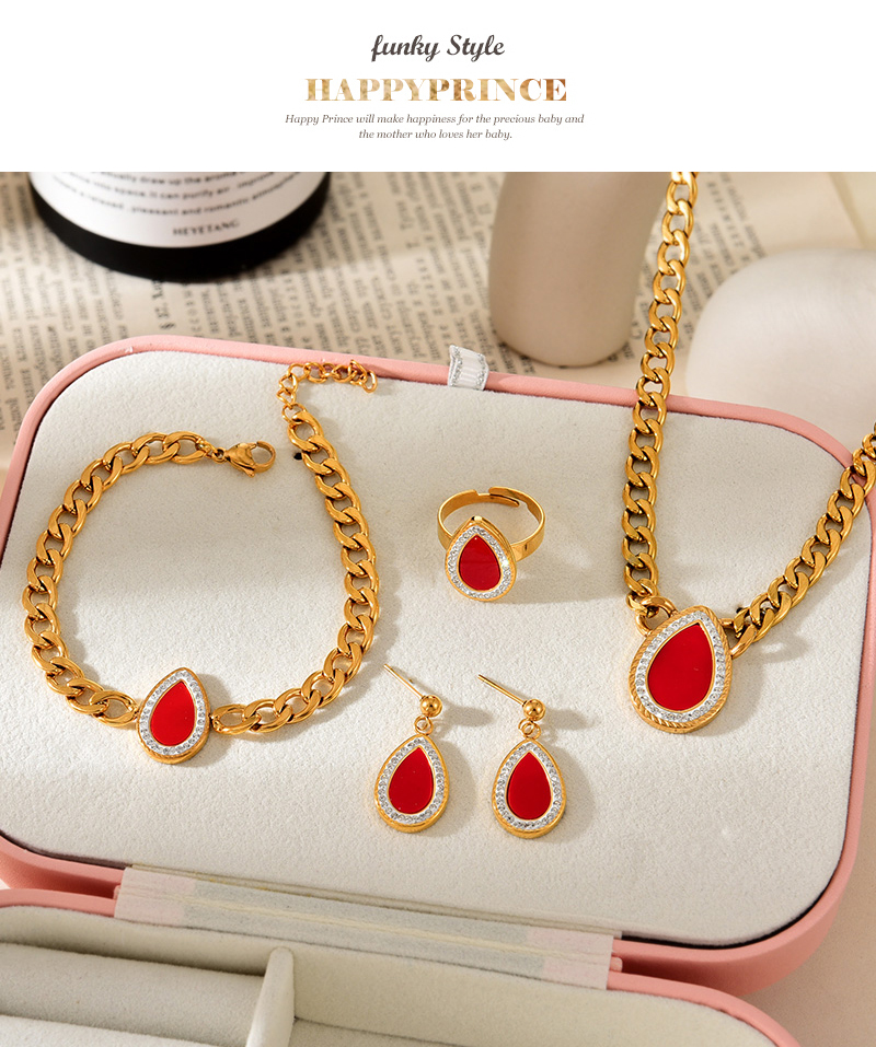 Fashion Red Titanium Steel Inlaid With Zirconium Droplets Thick Chain Necklace Earrings Bracelet Ring 5-piece Set,Jewelry Set