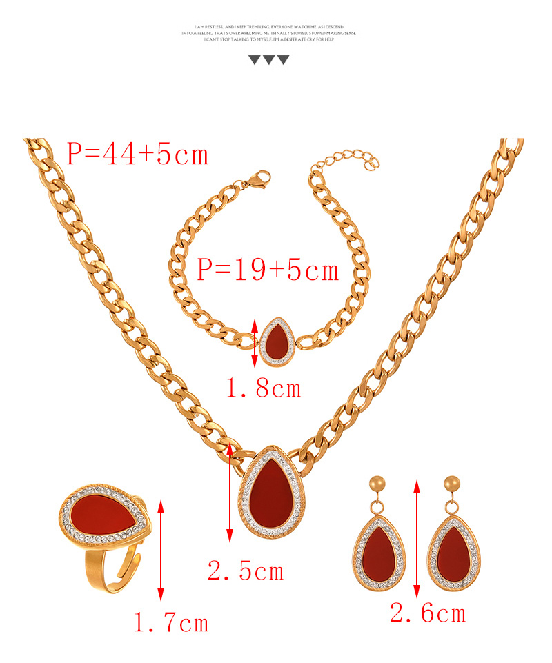 Fashion Red Titanium Steel Inlaid With Zirconium Droplets Thick Chain Necklace Earrings Bracelet Ring 5-piece Set,Jewelry Set