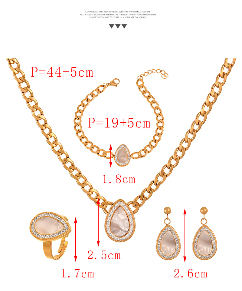 Fashion White Titanium Steel Inlaid With Zirconium Shell Water Drop Thick Chain Necklace Earrings Bracelet Ring 5-piece Set,Jewelry Set