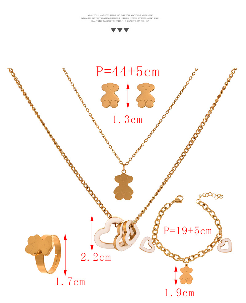 Fashion White Double-layered Titanium Steel Dripping Oil Care Bear Pendant Necklace Earrings Bracelet And Ring 5-piece Set,Jewelry Set