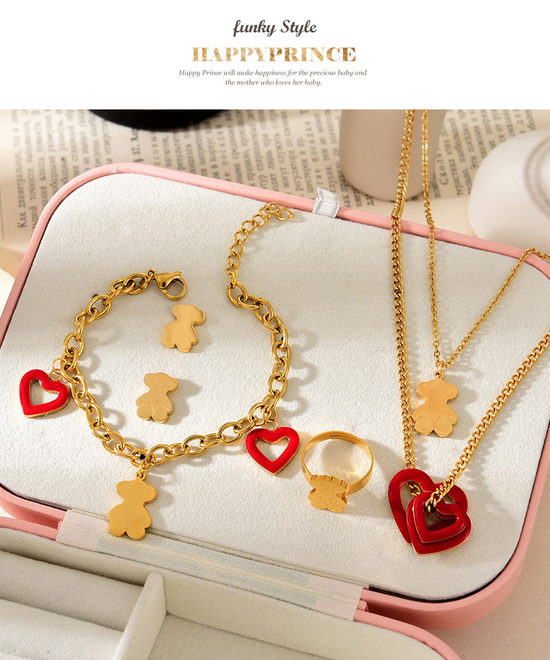 Fashion Red Double-layered Titanium Steel Dripping Oil Care Bear Pendant Necklace Earrings Bracelet And Ring 5-piece Set,Jewelry Set