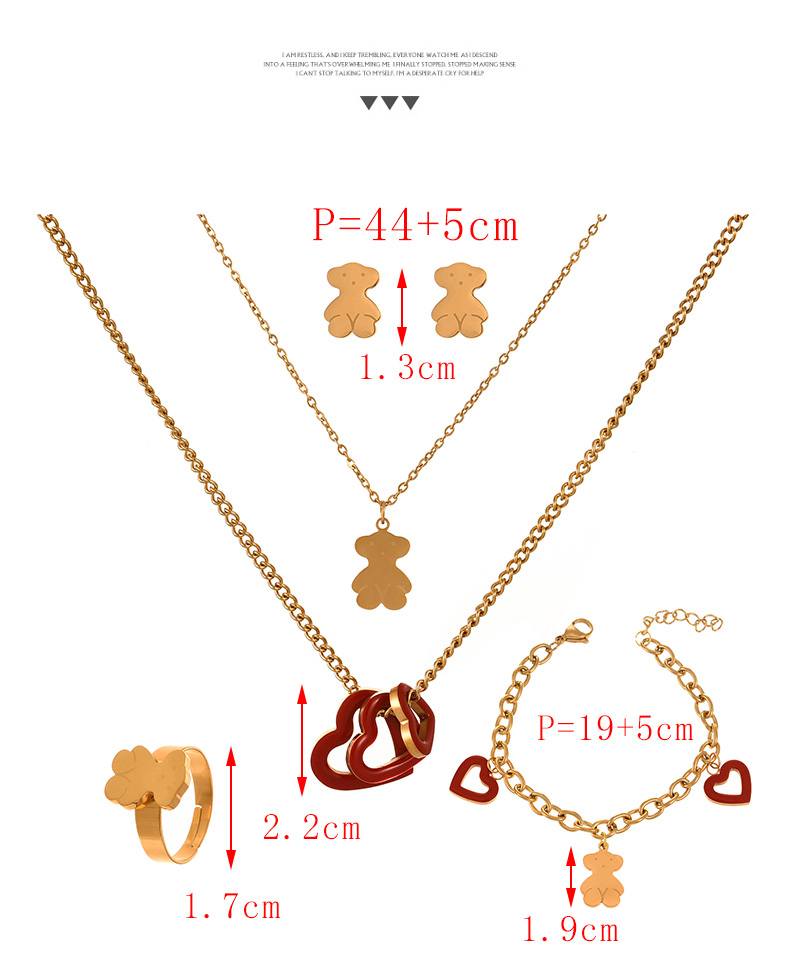 Fashion Red Double-layered Titanium Steel Dripping Oil Care Bear Pendant Necklace Earrings Bracelet And Ring 5-piece Set,Jewelry Set