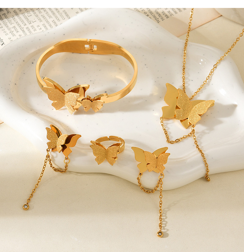 Fashion Gold Titanium Steel Sequin Butterfly Pendant Chain Necklace Earrings Bracelet Ring 5-piece Set,Jewelry Set