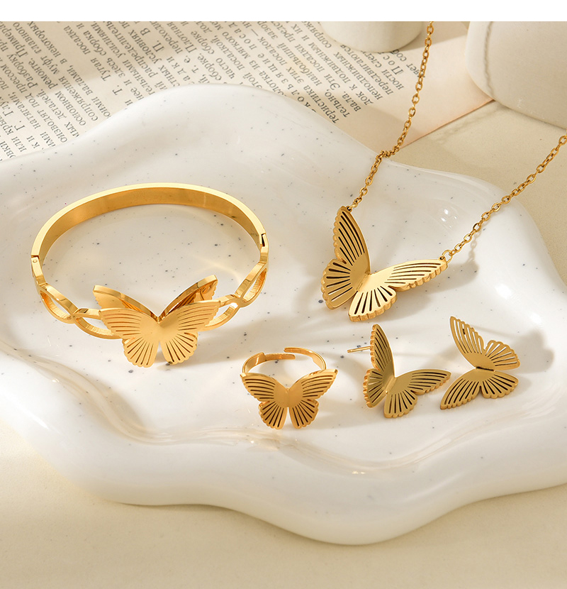 Fashion Gold Titanium Steel Hollow Butterfly Necklace Earrings Bracelet Ring 5-piece Set,Jewelry Set
