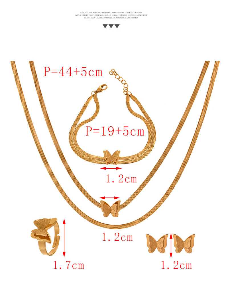 Fashion Gold Double-layer Titanium Steel Sequin Butterfly Snake Bone Chain Necklace Earrings Bracelet Ring 5-piece Set,Jewelry Set