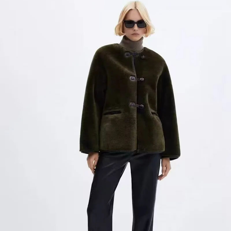 Fashion Beige Lambswool Buttoned Jacket,Coat-Jacket