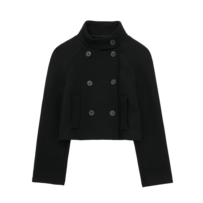 Fashion Khaki Wool Double-breasted Stand-collar Coat,Coat-Jacket