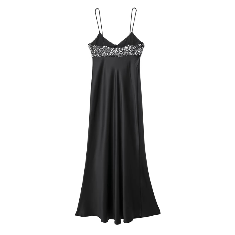 Fashion Black Sequined Patchwork Suspender Long Skirt,Long Dress
