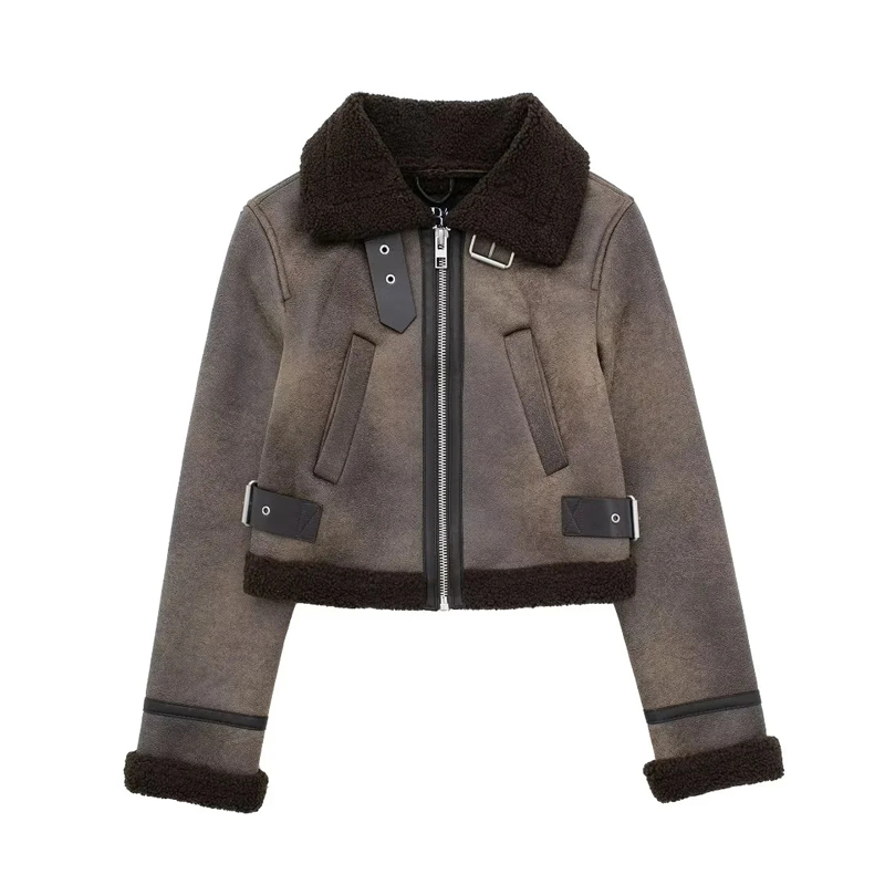 Fashion Brown Blended Lapel Zipped Jacket,Coat-Jacket