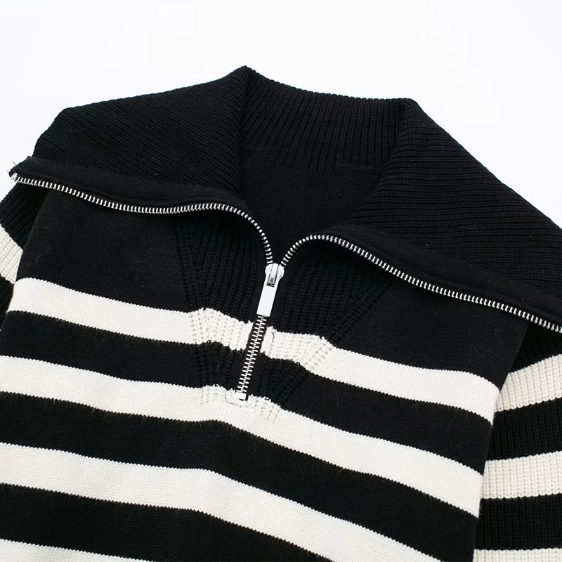 Fashion Black And White Knitted Striped Zip Sweater,Sweater