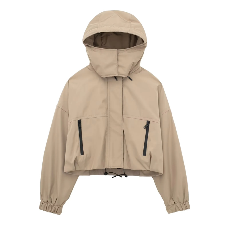 Fashion Khaki Blend Zippered Drawstring Hooded Jacket,Coat-Jacket