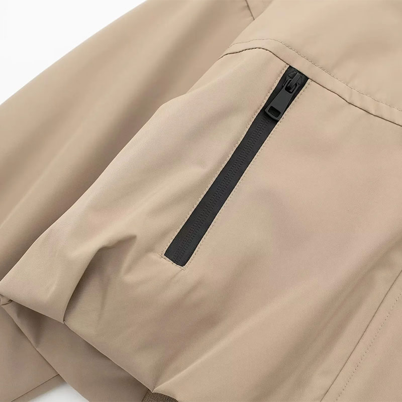 Fashion Khaki Blend Zippered Drawstring Hooded Jacket,Coat-Jacket