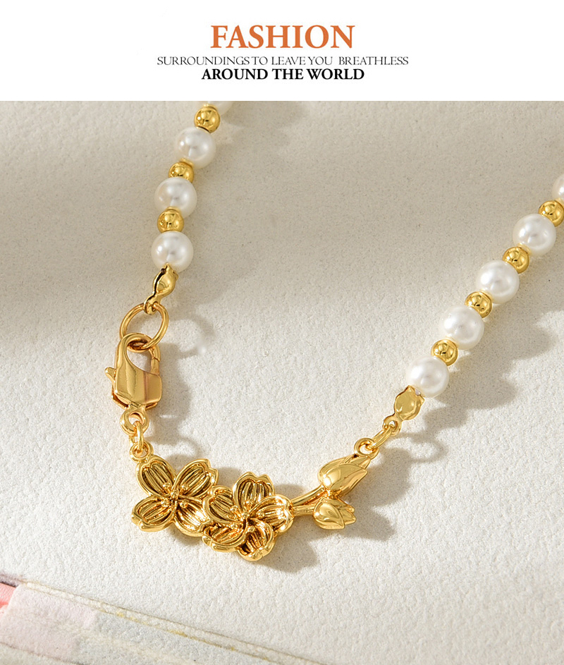Fashion Gold Copper Pearl Beaded Flower Lobster Clasp Necklace,Necklaces