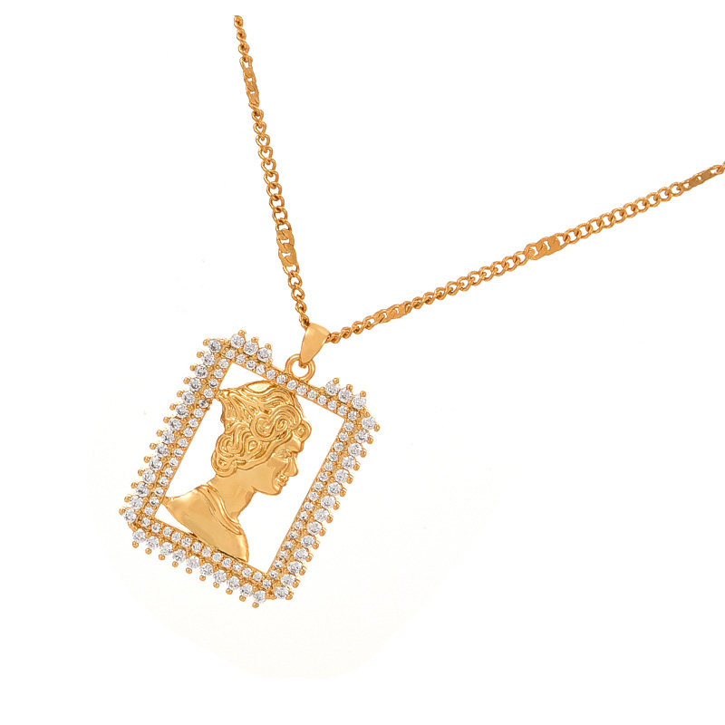 Fashion Golden 2 Titanium Steel Zircon Square Portrait Pendant Necklace,Necklaces