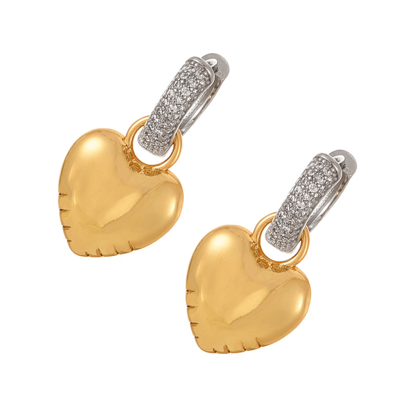 Fashion Golden 2 Copper Inlaid Zircon Heart Hoop Earrings,Earrings