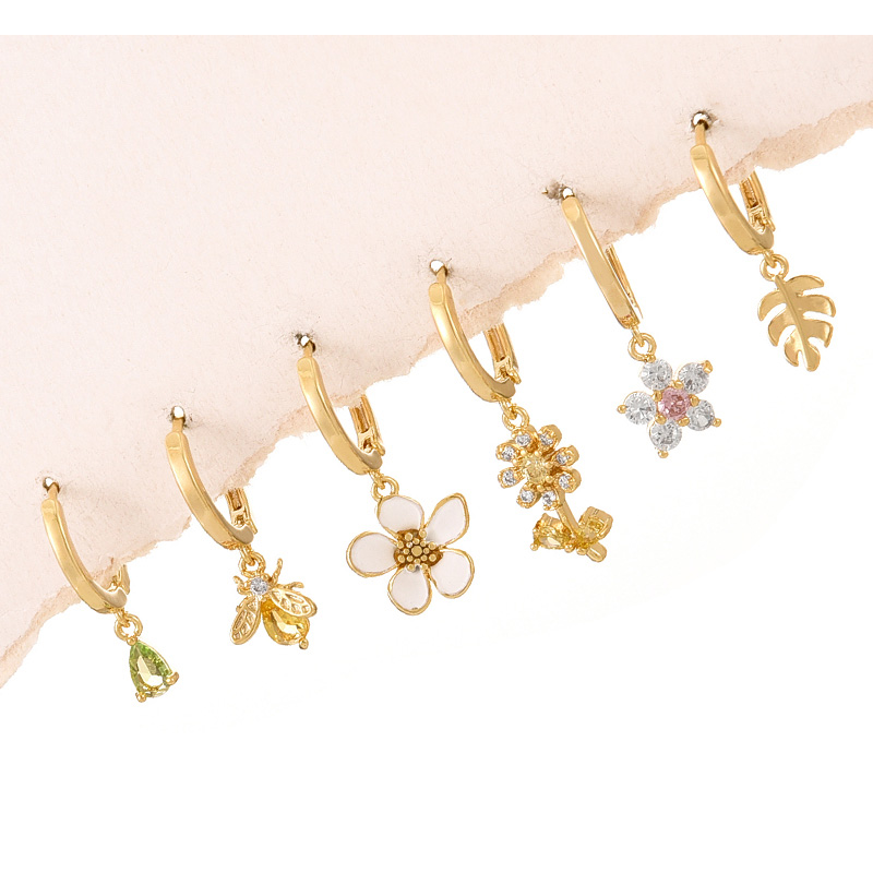 Fashion Gold Copper Inlaid Zircon Oil Drop Flower Pendant Earring Set Of 6 Pieces,Earring Set