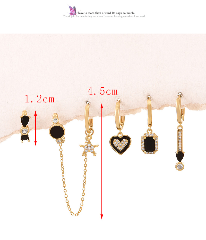 Fashion Gold Copper Inlaid Zircon Drop Oil Love Five-pointed Star Pendant Chain Earrings Set Of 6,Earring Set