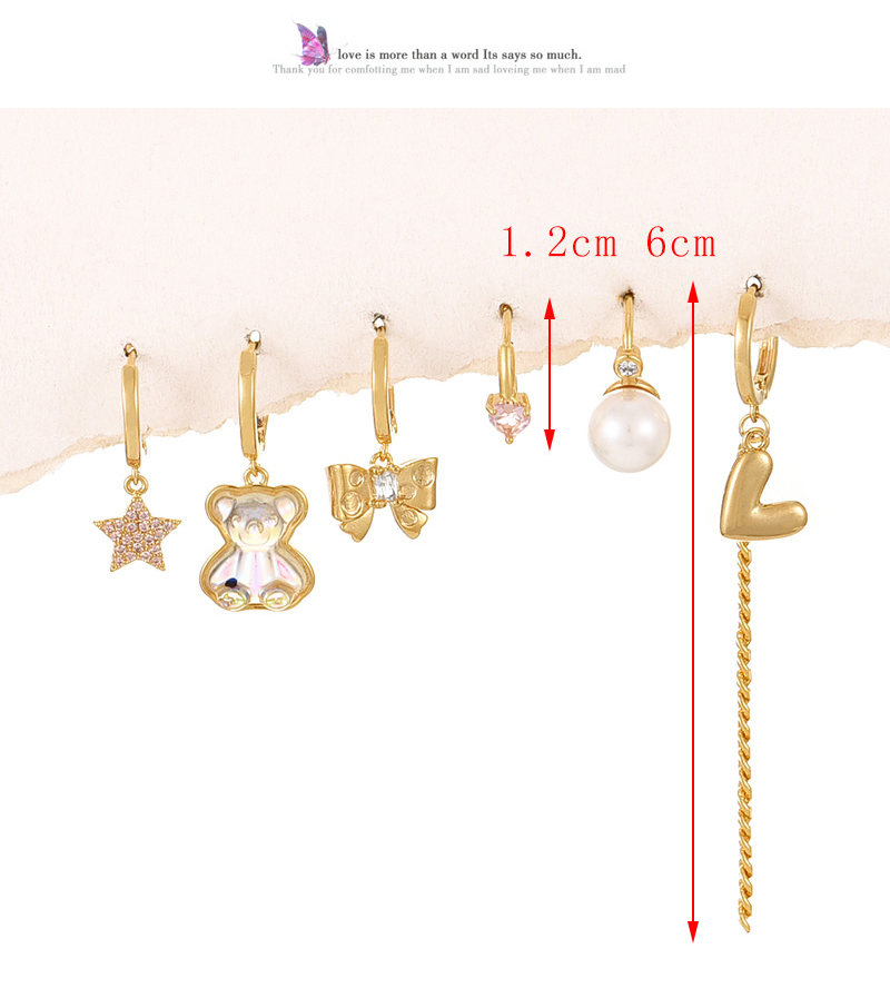 Fashion Gold Copper Inlaid Zirconium Pearl Bear Bow Love Pendant Chain Earring Set 6 Pieces,Earring Set