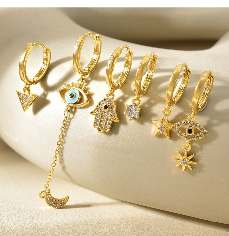 Fashion Gold Copper Inlaid Zirconium Palm Eye Pendant Chain Crescent Earring Set 6 Pieces,Earring Set