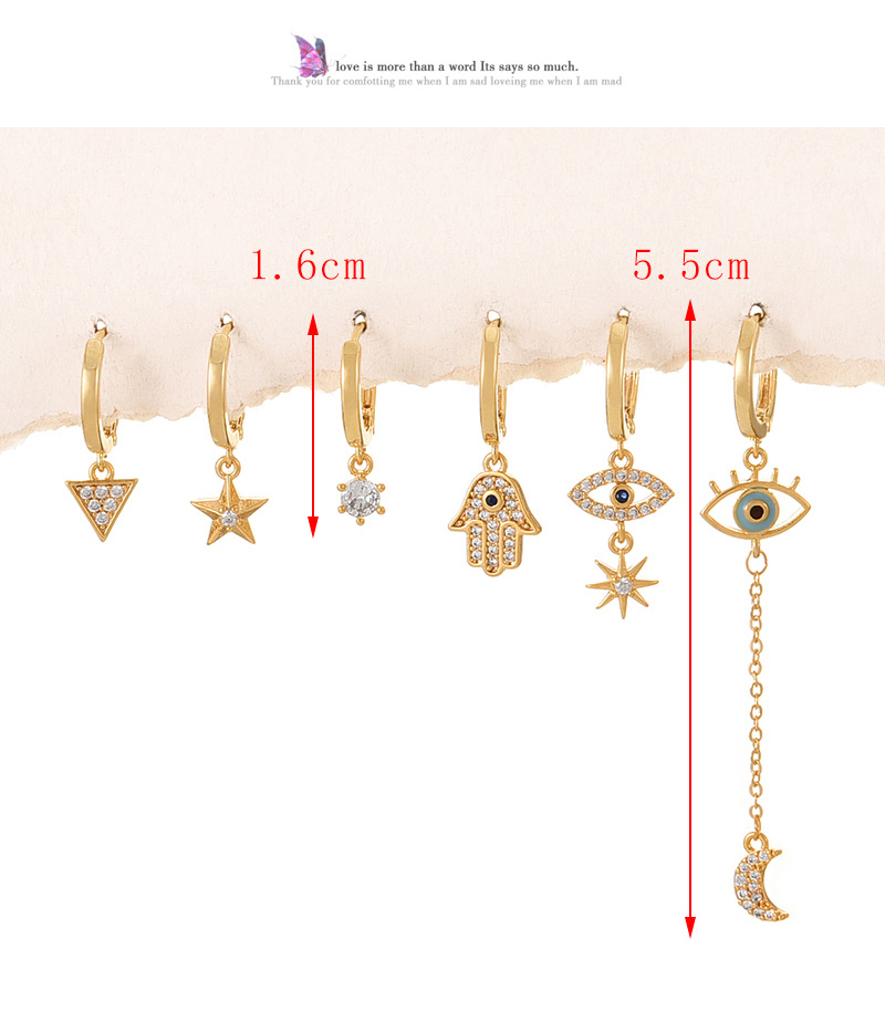 Fashion Gold Copper Inlaid Zirconium Palm Eye Pendant Chain Crescent Earring Set 6 Pieces,Earring Set