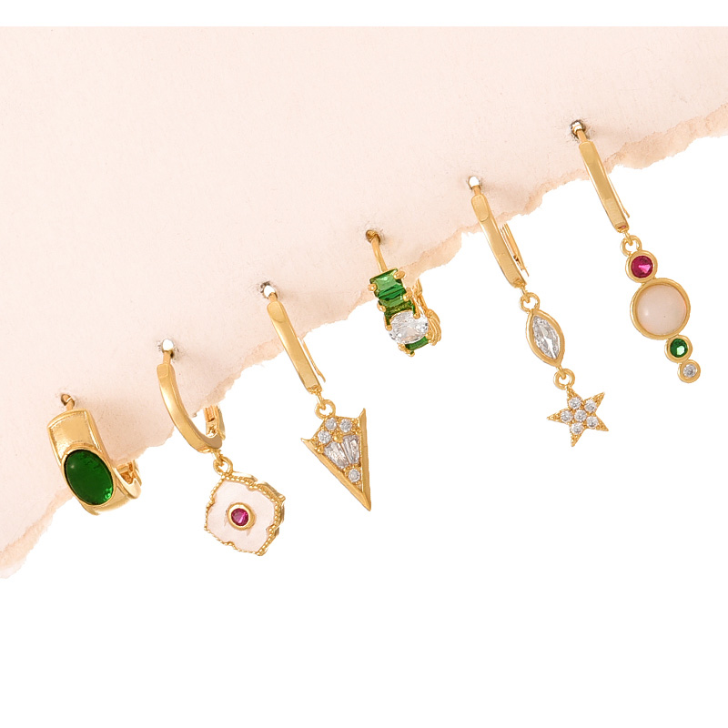 Fashion Color Copper Inlaid Zirconium Oil-dropped Flower Five-pointed Star Pendant Earrings Set Of 6 Pieces,Earring Set