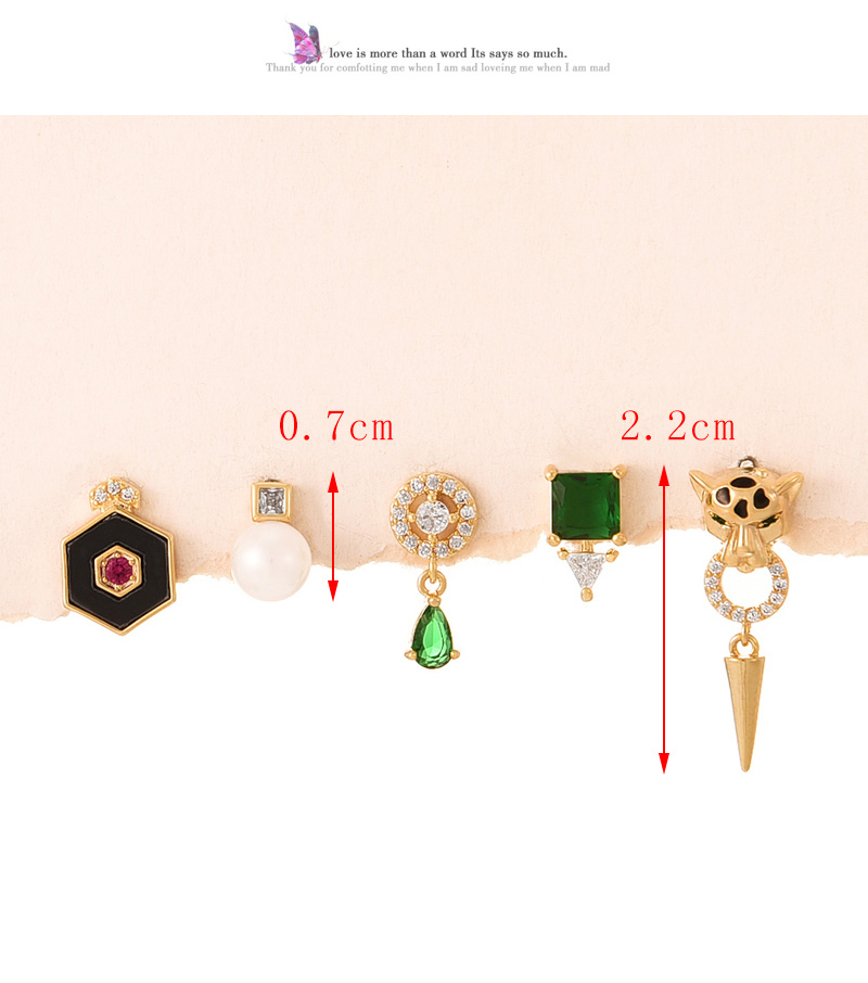 Fashion Color Copper Inlaid Zirconium Drip Oil Geometric Leopard Head Pearl Pendant Earring Set Of 5 Pieces,Earring Set